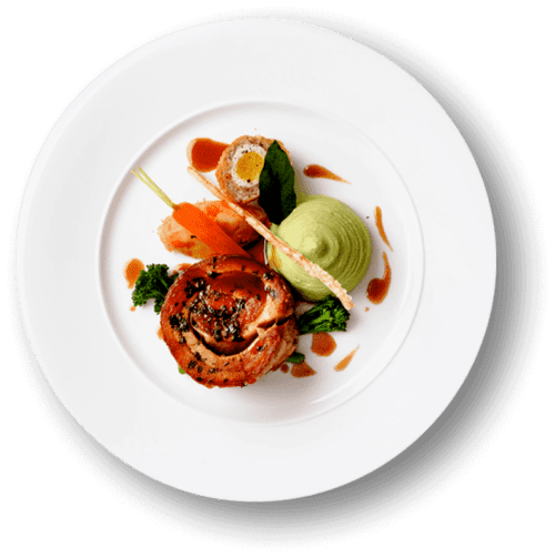 plate with mouth-watering meatloaf, vegetable puree and sauce